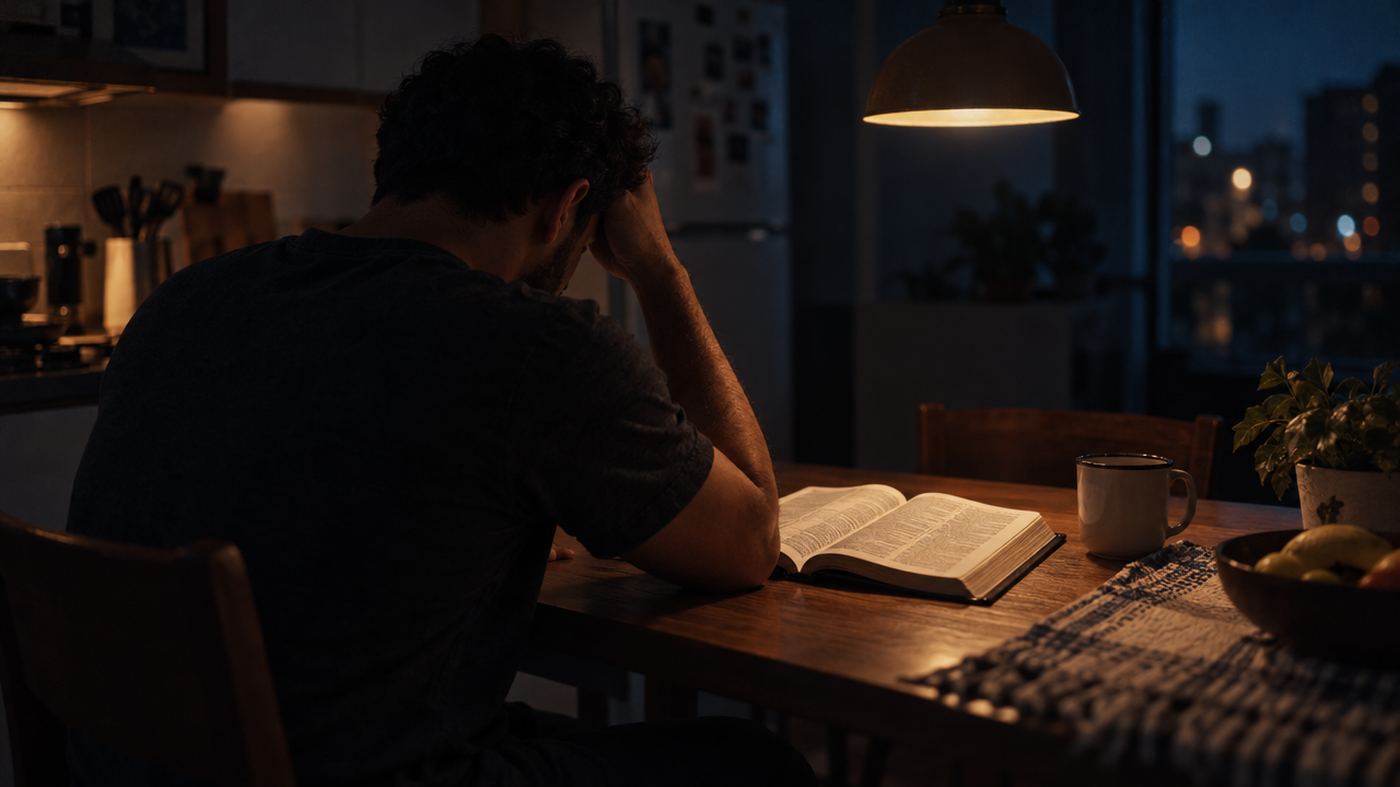 Pessoa à noite diante de uma Bíblia aberta, com a mão na testa